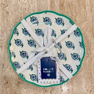 Roberta Roller Rabbit 9” Melamine Salad Plates Green Trim, Blue Floral Pattern